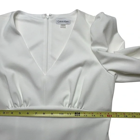 NWT Calvin Klein Bishop Puff Sleeve V-Neck Scuba-Crepe Sheath Dress 10 Ivory - Picture 7 of 14